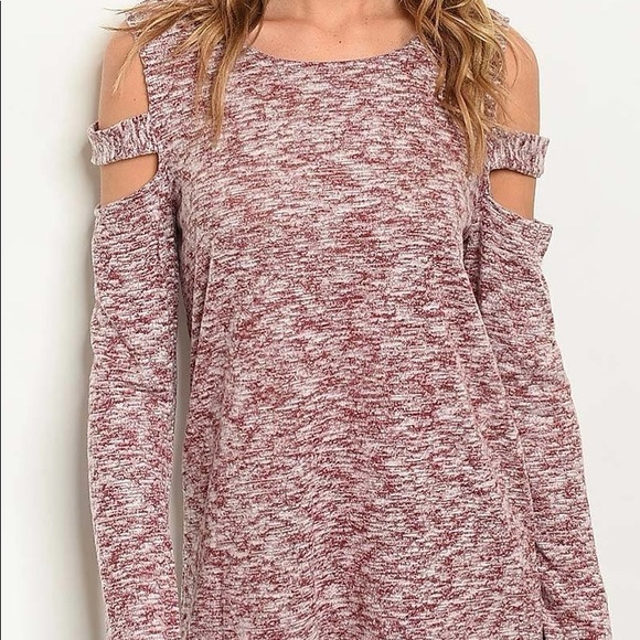 Burgundy Cold Shoulder Long Sleeve Top - Picture 2 of 3